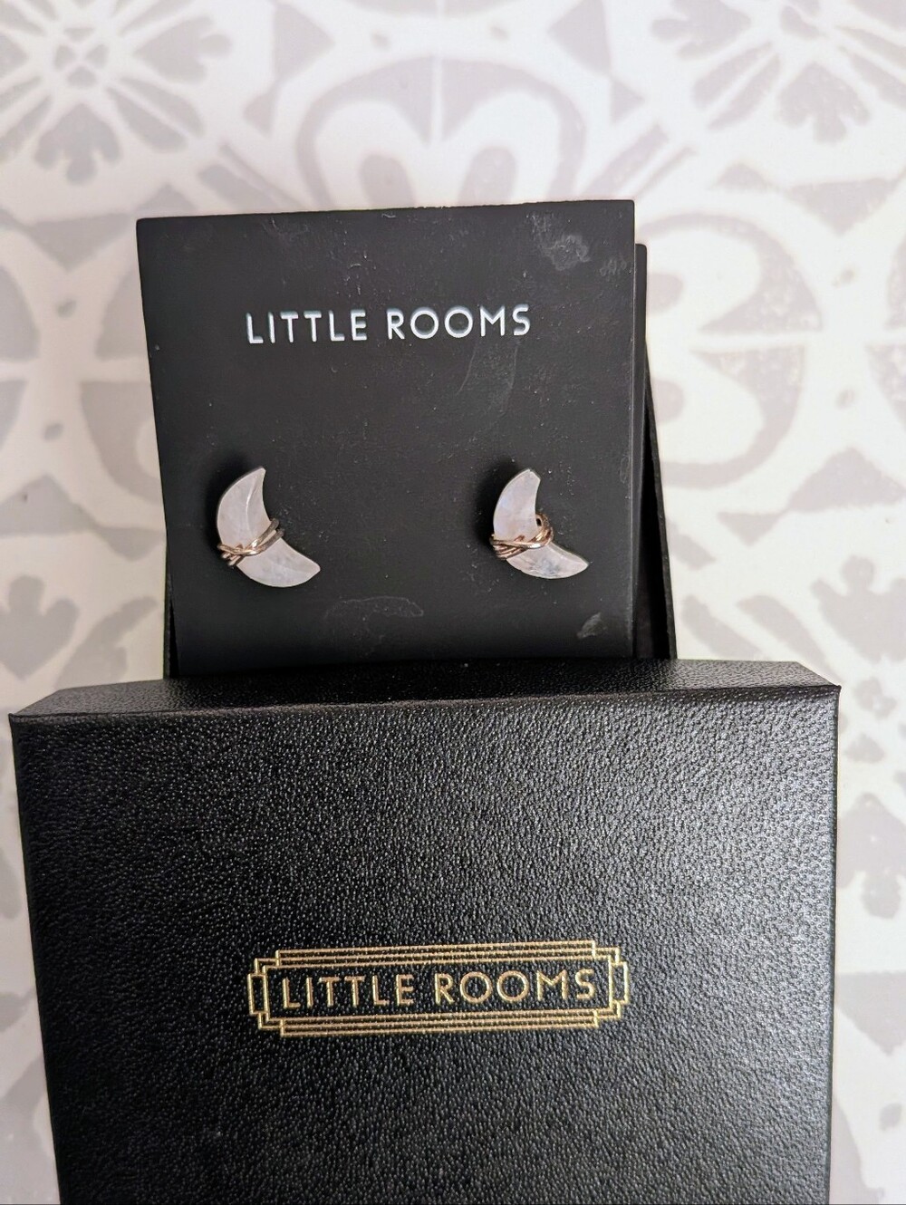 Little Rooms Crescent Moon Stud Earrings featuring wire-wrap Rainbow Moonstones
